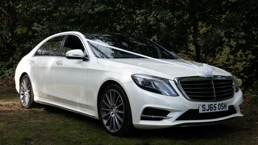 Front right side view of a White Mercedes S-class dressed with White Wedding Ribbons, Chrome alloy wheels and chrome front grill with green trees in the background