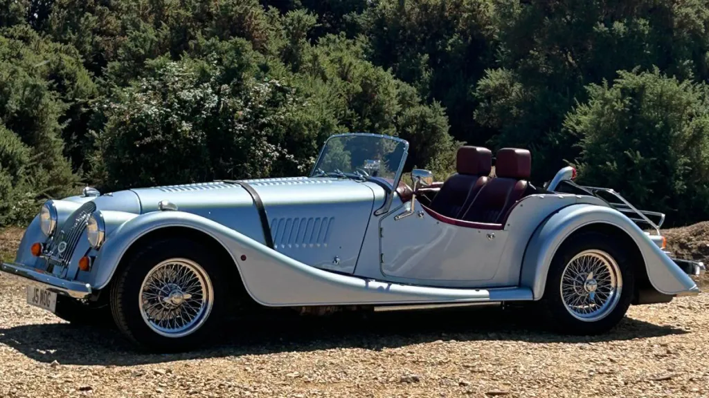 Morgan 4-wheeler left side view  with chrome spokes wheels