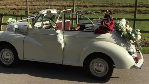 Classic Morris Minor Convertible left side view with roof open decorated with alrge flower arrangement and wedding ribbons