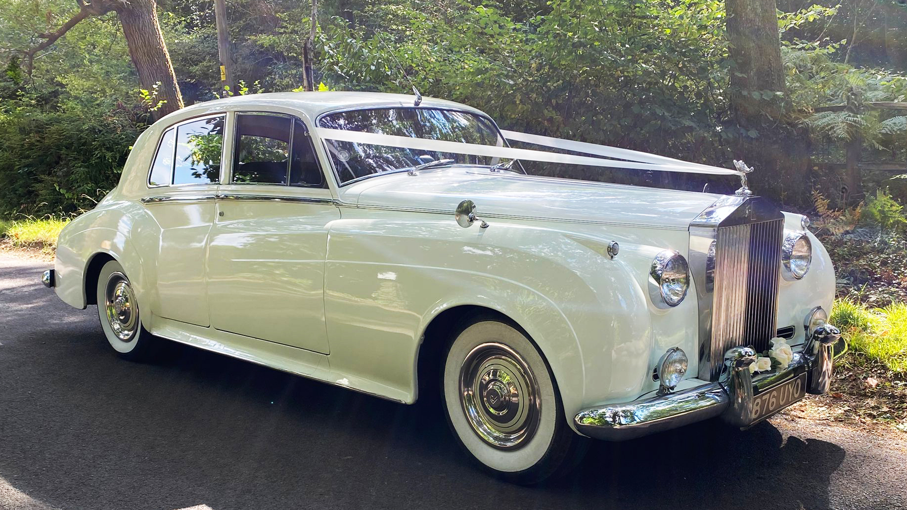 White Rolls-Royce Silver Cloud decorated with white wedding ribbons parked under trees