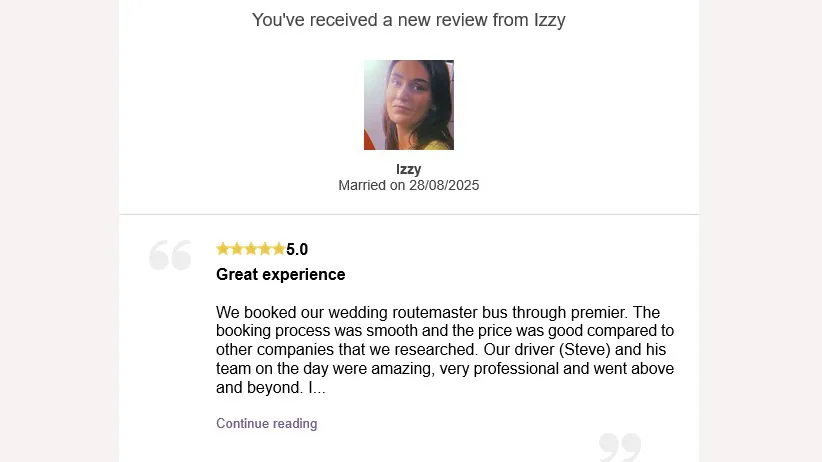 We booked our wedding routemaster bus through premier. The booking process was smooth and the price was good compared to other companies that we researched. Our driver (Steve) and his team on the day were amazing, very professional and went above and beyond. I cannot fault the actual team who provided the bus.&nbsp;