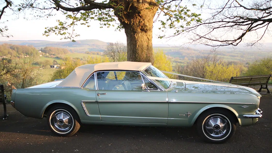 Right side profile of a green classic Ford Mustang convertible with its cream soft top roof up, parked beside a tree with countryside views in the background.