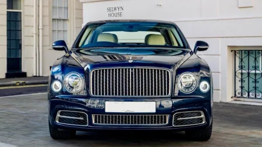 Close-up front view of Blue Bentley Mulsanne with chrome grill