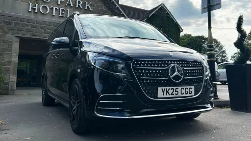 Front right side view of Mercedes V Class AMG parked outside a Hotel in Yorkshire