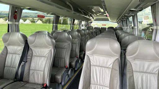 35-seater interior in silver and grey leather seats