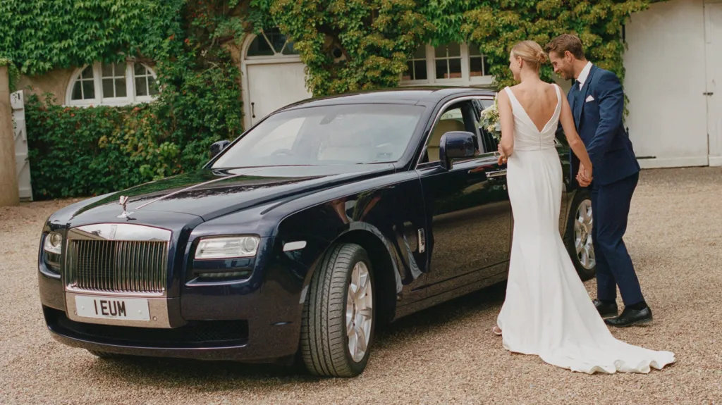 bride and groom standing beside purple blue Indigo Rolls-Royce Ghost wedding car