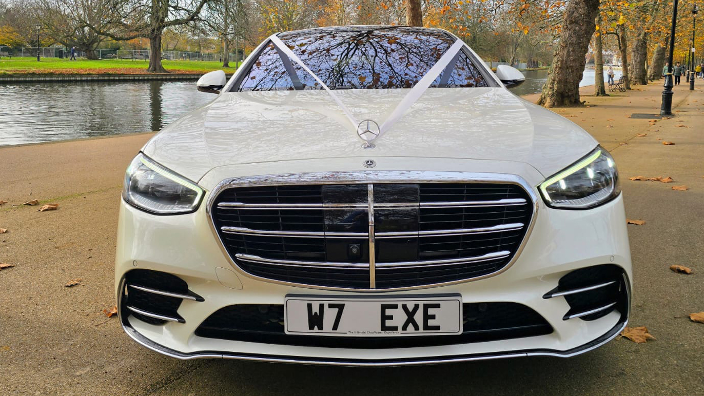Front grill close-up of a white Mercedes-Benz S-Class 500 parked outdoors with autumn trees in the background.