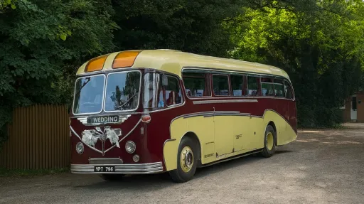 Front angled view of a burgundy and cream vintage single-decker wedding bus parked on a road surrounded by green woodland.