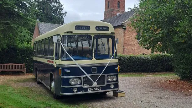 Front-on view of a blue and ivory vintage single-decker bus parked on a gravel drive surrounded by green bushes and trees.