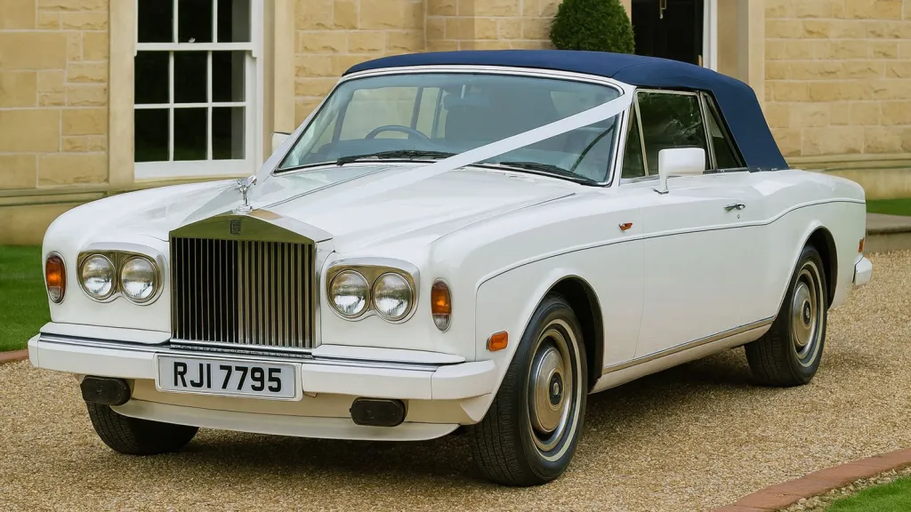 Classic white Rolls-Royce Corniche convertible wedding car parked outside a stone venue in Yorkshire with roof closed
