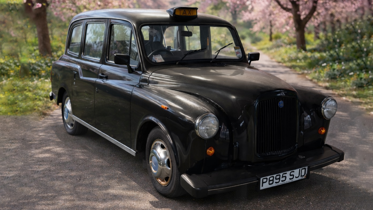 Classic Black Taxi cab parked in a path with pink spring trees in the background