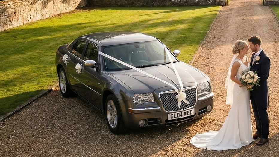 Bride and groom standing beside a grey Chrysler 300C wedding car decorated with white ribbons, parked on a gravel driveway with green lawns and trees behind.