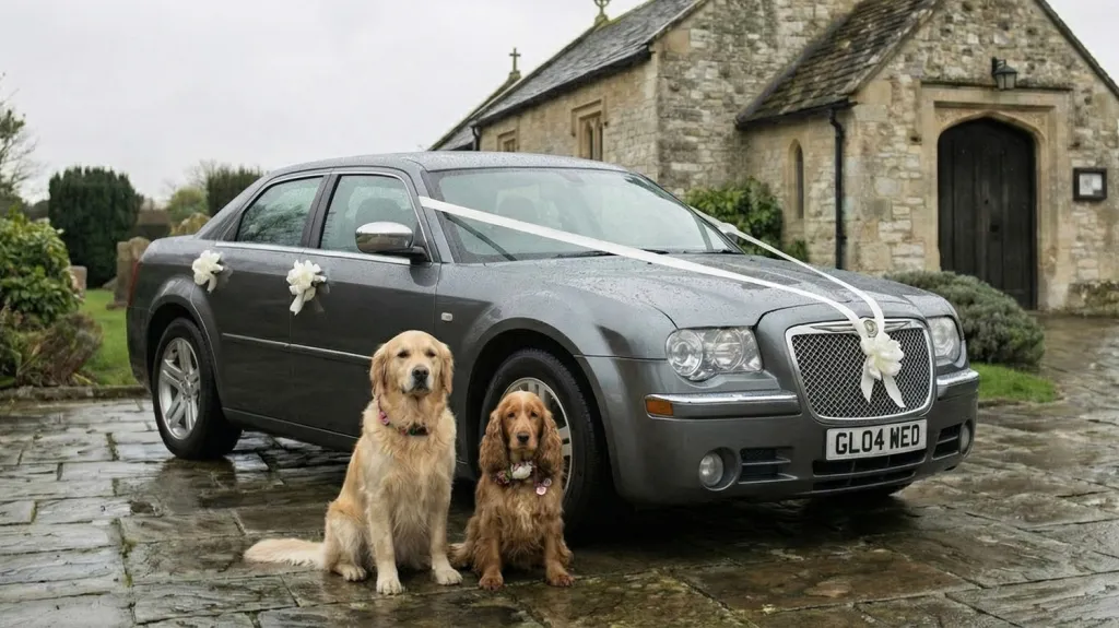 Grey Chrysler 300C wedding car decorated with white ribbons parked outside a stone church, with two dogs sitting beside the car on the driveway.