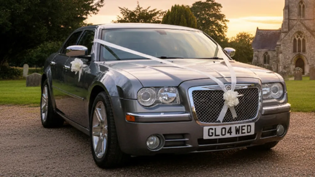 Front three quarter view of a grey Chrysler 300C wedding car decorated with white bonnet ribbons, parked on a gravel driveway with church and evening sunlight behind.