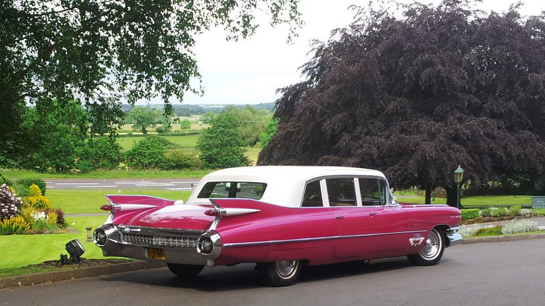 Rear fin detail of pink Cadillac Fleetwood limousine with chrome bumper and white roof, parked on driveway with garden backdrop.