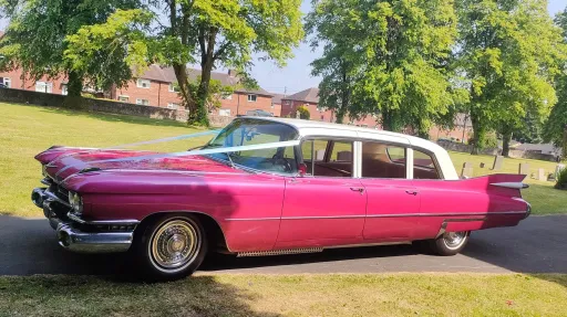 Pink Cadillac Fleetwood limousine with white roof parked under tree, side profile visible with shaded greenery around.