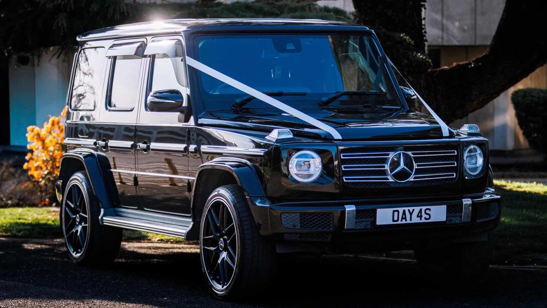 Black Mercedes G-Wagon parked outdoors ready for wedding hire