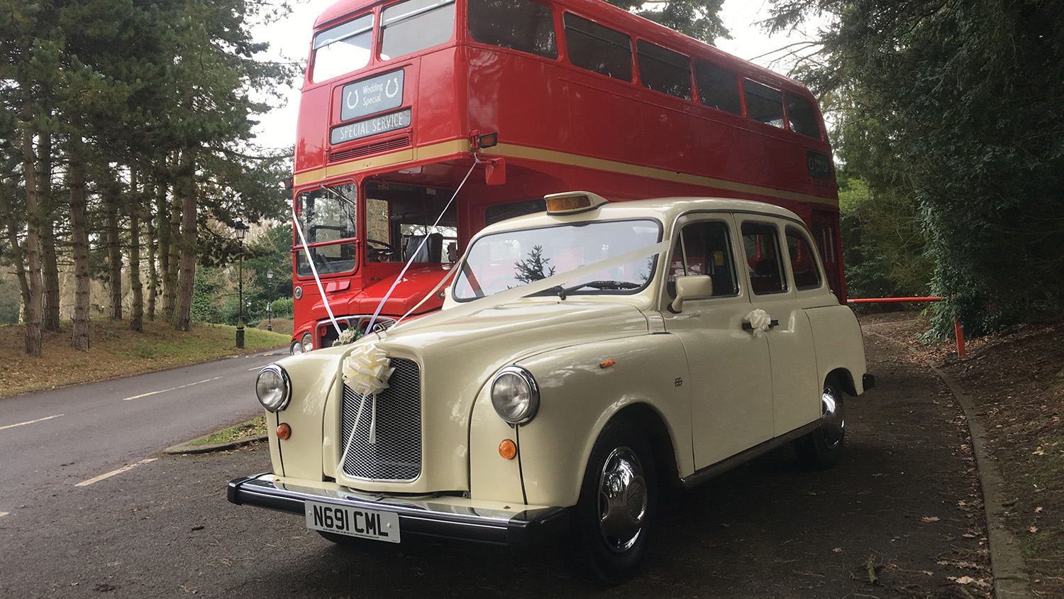 Old English White taxi cab parked beside a red double decker bus at a wedding, countryside setting with trees in the background.