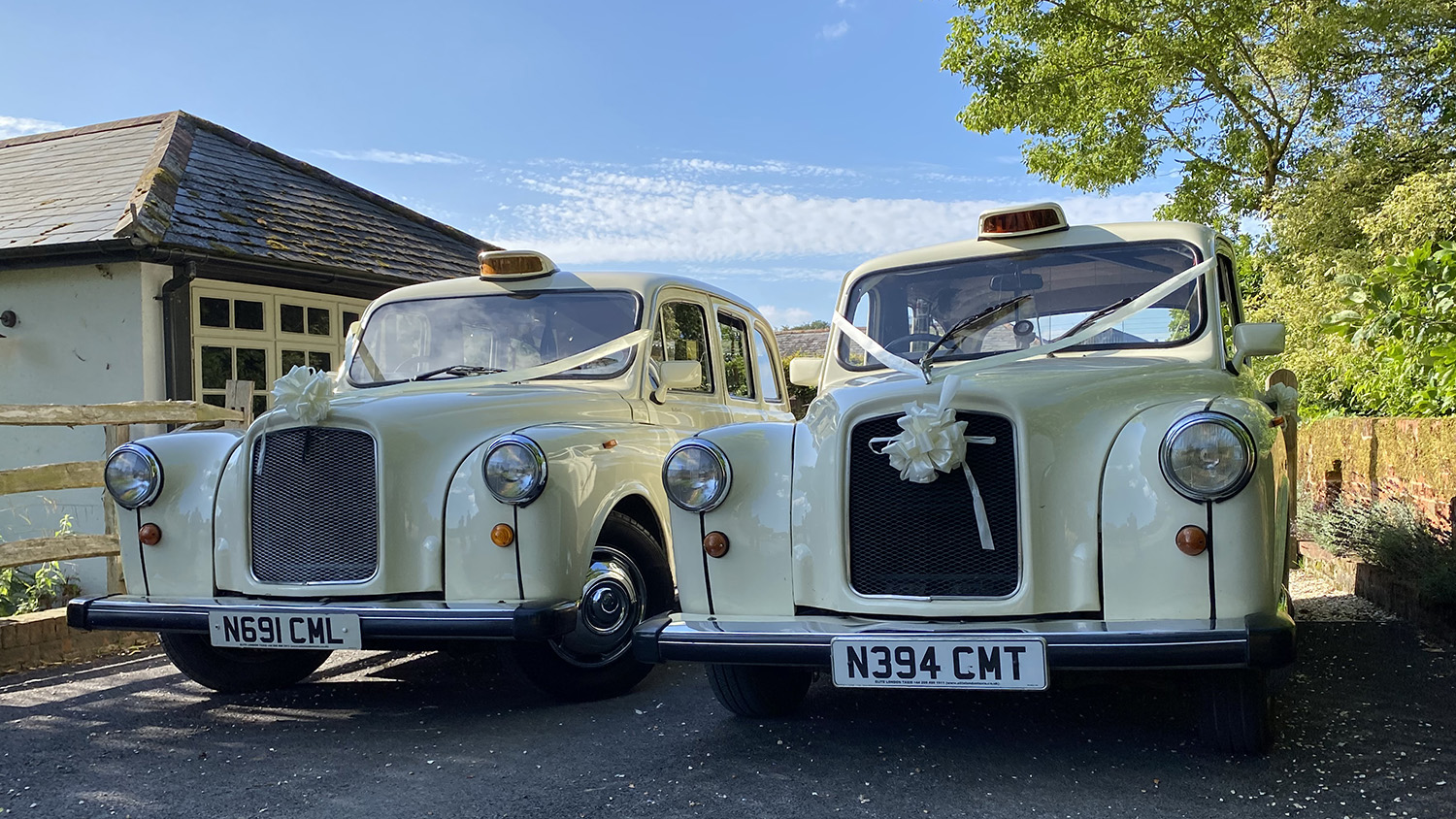 Front view of two identical cream classic taxi cabs parked side by side, showing vintage styling, chrome details and symmetrical positioning outdoors.