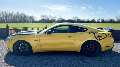 Side profile of yellow Ford Mustang GT with black roof and running horse graphics, parked on gravel with open fields behind.
