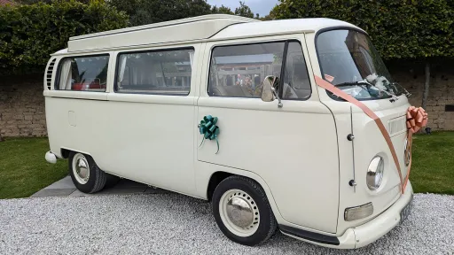 Right side view classic baywindow campervan on wedding duties
