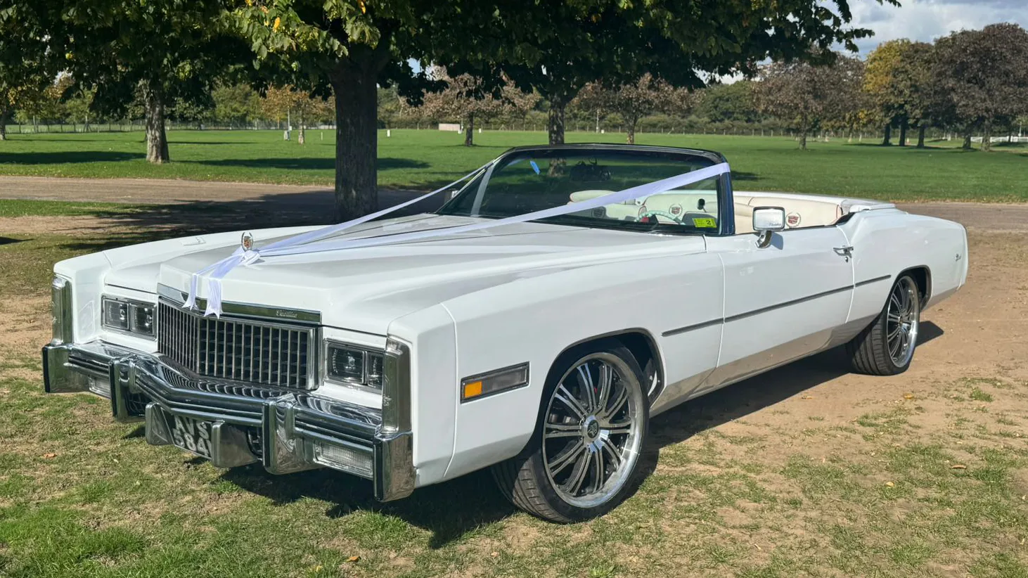 Front side view of a white 1975 Cadillac Eldorado convertible wedding car with roof down, chrome grille and cream and burgundy interior parked on grass in East Anglia