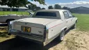 White 1990 Cadillac Brougham rear view, chrome bumper and badging, whitewall tyres, green countryside backdrop.
