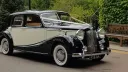 Classic Austin Sheerline wedding car decorated with white ribbons and chrome detailing in Kent.
