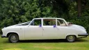 Full side profile of white Daimler limousine landaulette with roof open and purple ribbons.