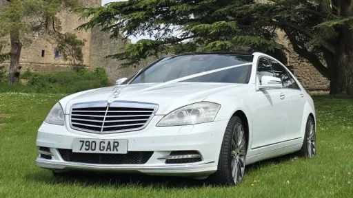 White Mercedes dressed with white ribbons parked on a gree field