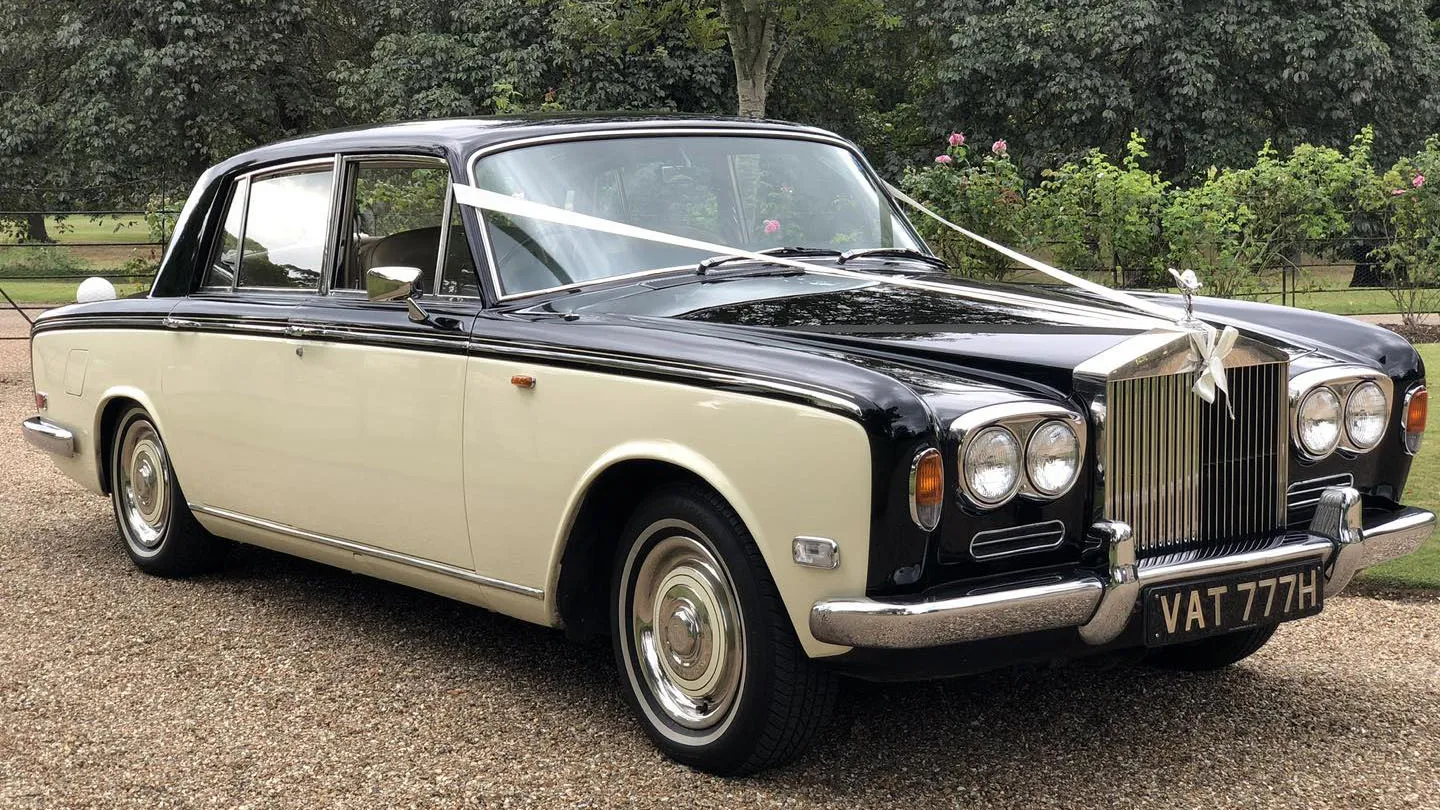 Classic 1970 Rolls-Royce Silver Shadow Mark 1 in black and ivory, available for wedding car hire in Berkshire.