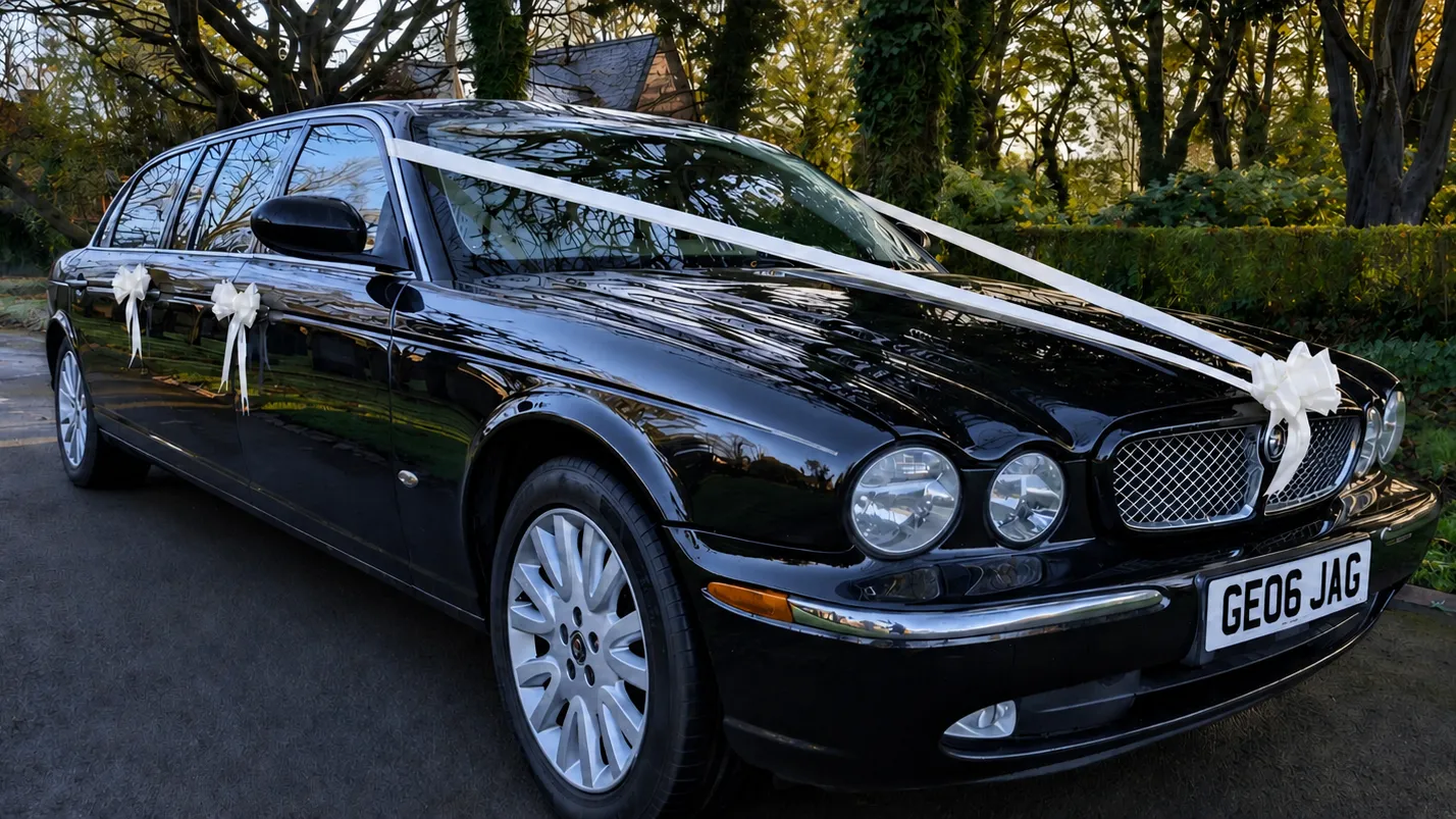 Black Jaguar stretch limousine decorated with white wedding ribbons parked outdoors.