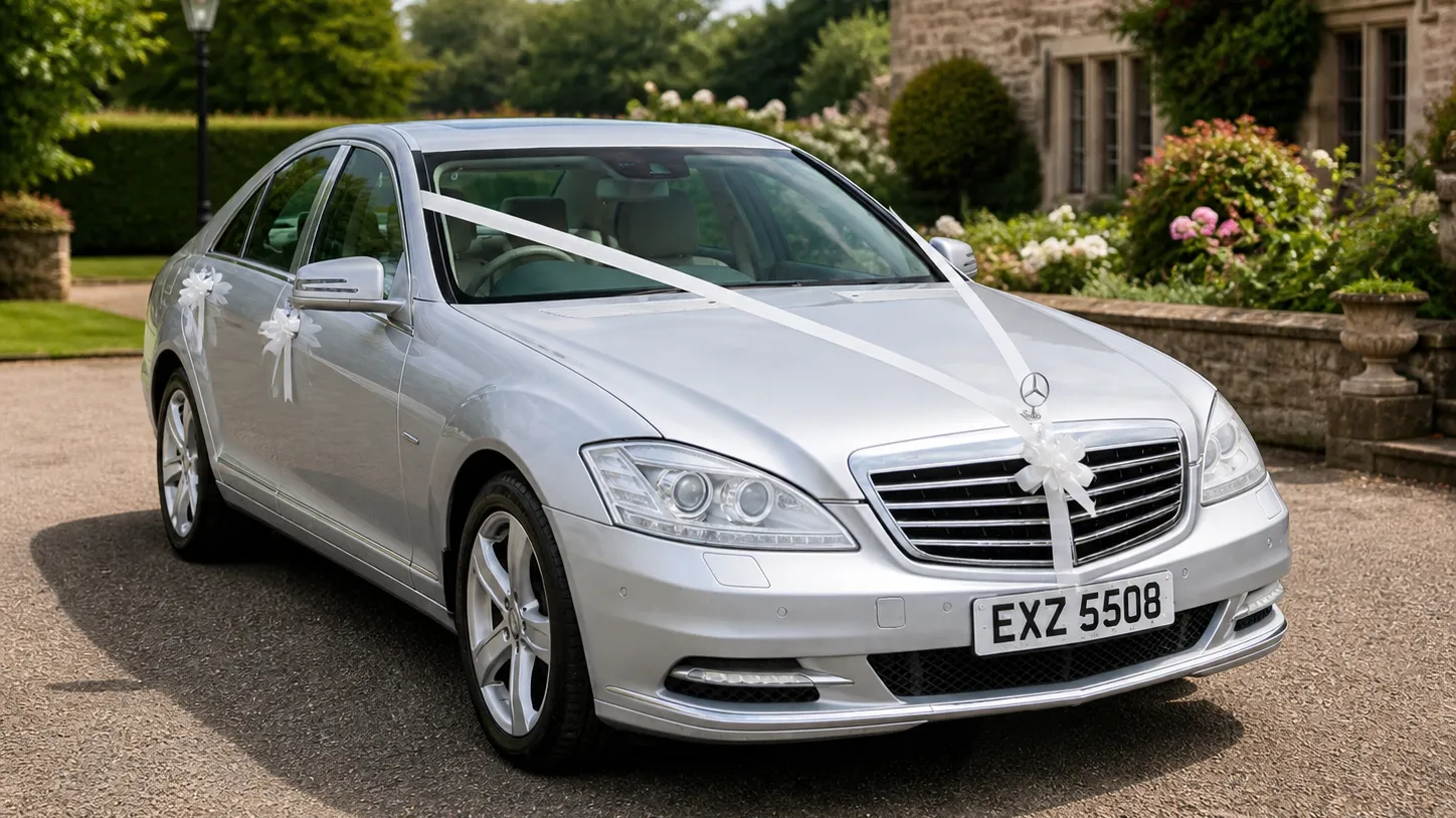 Three Quarter view of silver Mercedes S-class dresses with white ribbons and bows