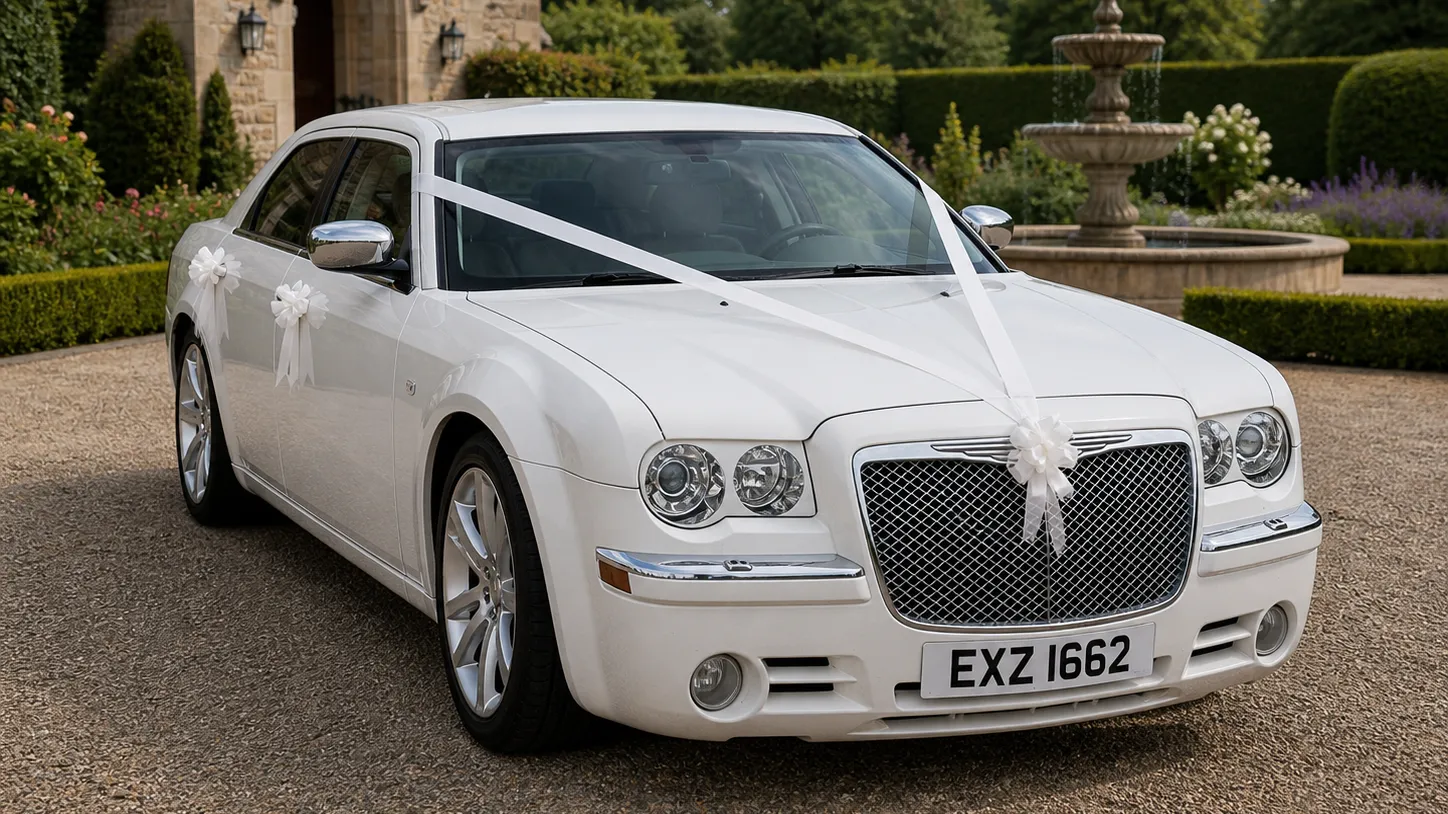 Front three-quarter view of white Chrysler 300C wedding car with white ribbon across the bonnet, parked on a gravel driveway in front of a stone building, with hedges and a fountain in the background.