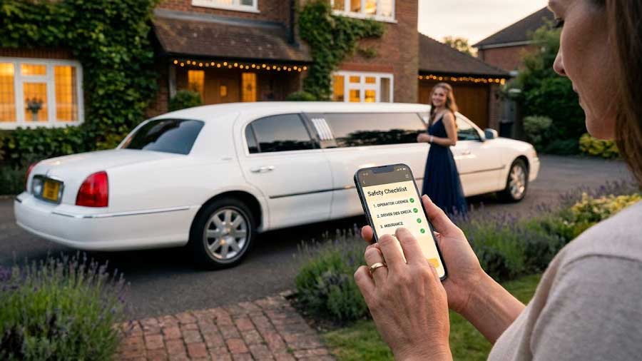 Mother checking a prom car hire safety checklist on her phone while a limousine waits for her daughter