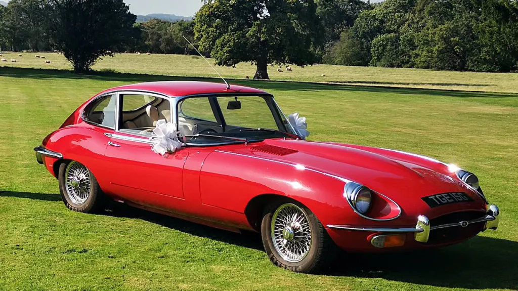 Red 1969 Jaguar E Type coupe parked on grass showing classic British sports car styling.