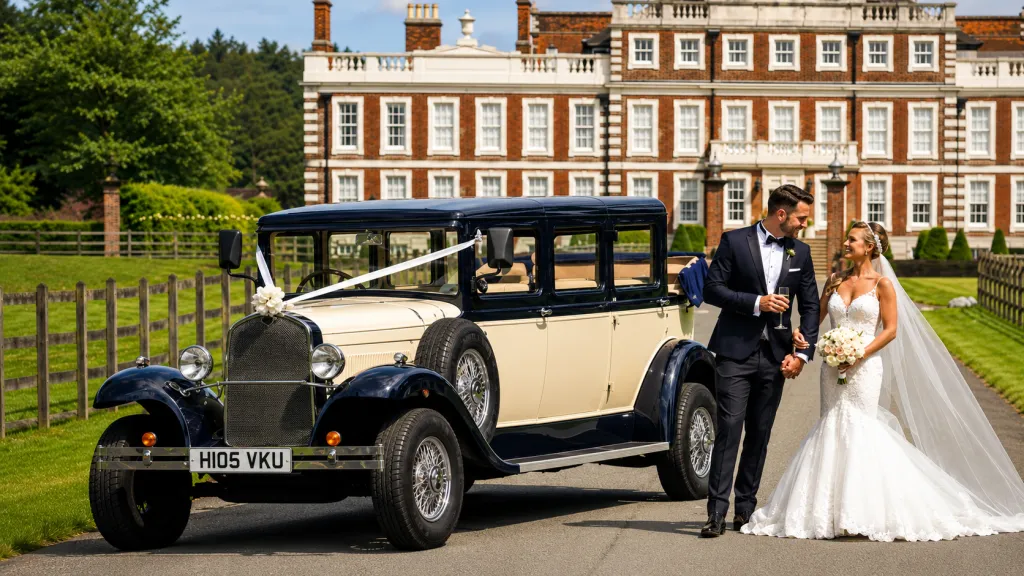 Bride and groom beside navy blue and ivory Bramwith Landaulette decorated with wedding ribbons outside Knowsley Hall near Liverpool.