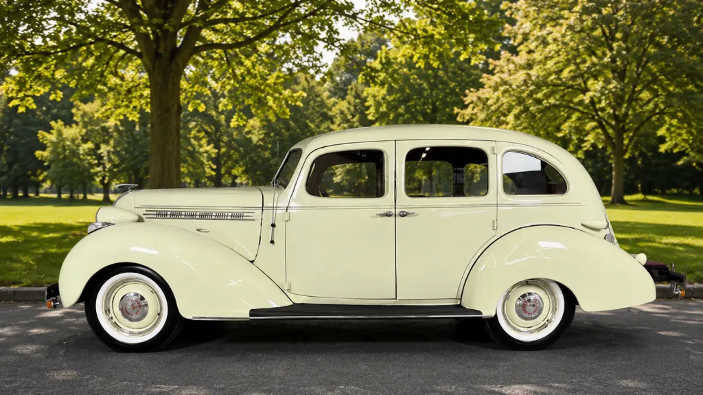 Left side view of cream 1937 Hudson Terraplane showing its curved 1930s bodywork and whitewall tyres.