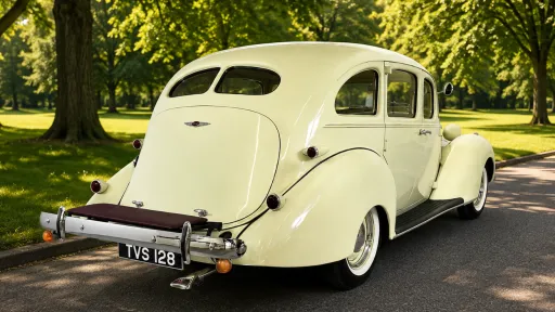 Rear three quarter view of cream 1937 Hudson Terraplane showing its sweeping bodywork, chrome bumper and whitewall tyres.