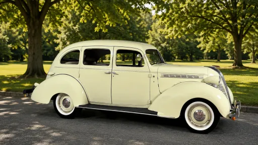 Right side profile of cream 1937 Hudson Terraplane parked beneath trees in a country park setting.