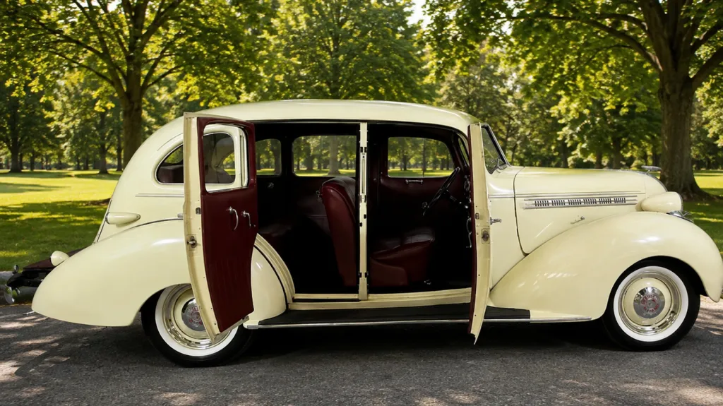 Cream 1937 Hudson Terraplane with passenger doors open showing the maroon red leather interior.
