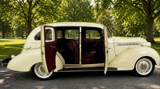 Cream 1937 Hudson Terraplane with passenger doors open showing the maroon red leather interior.