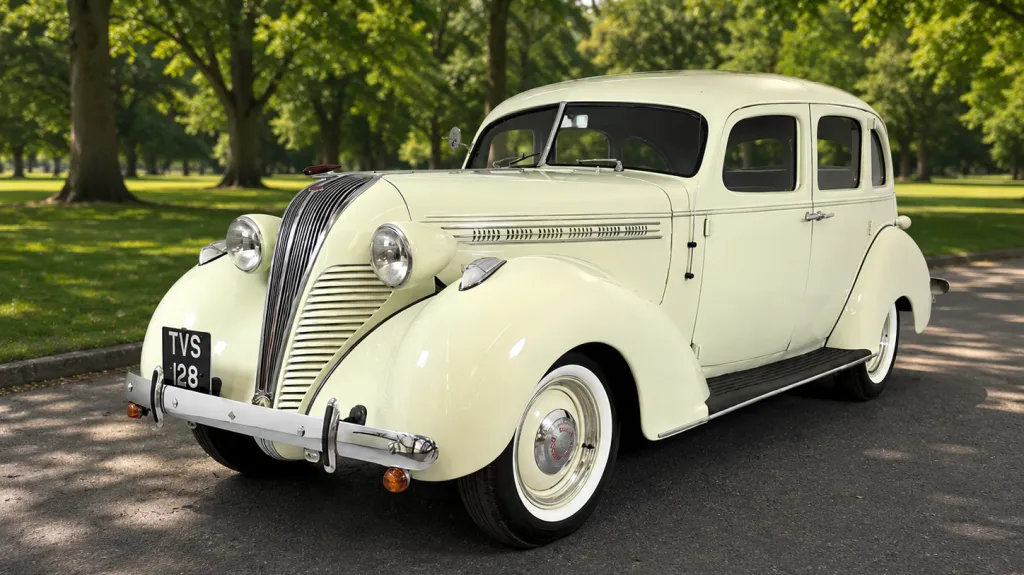 Front three quarter view of cream 1937 Hudson Terraplane with chrome grille, large headlamps and whitewall tyres.