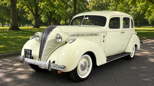 Front three quarter view of cream 1937 Hudson Terraplane with chrome grille, large headlamps and whitewall tyres.