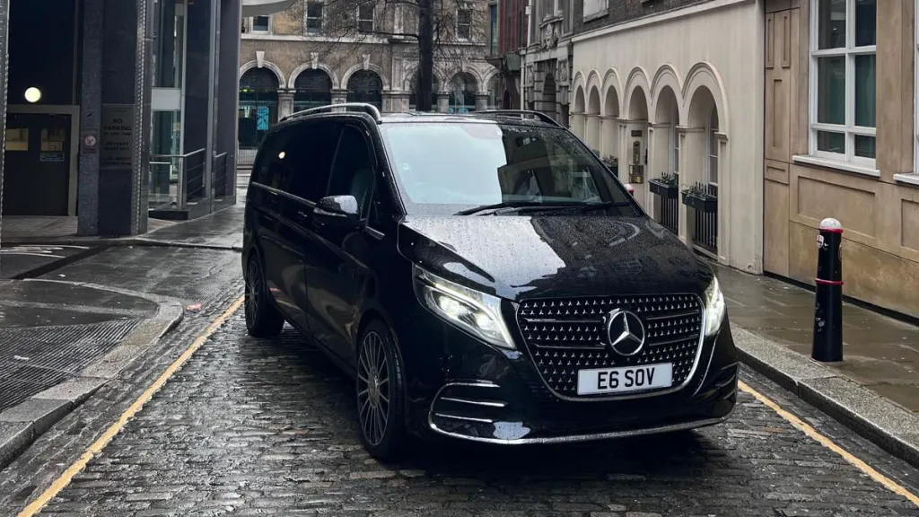Black Mercedes V-Class Landjets luxury wedding transport parked on a London street