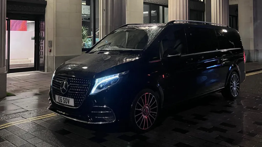 Black Mercedes V-Class Landjets luxury vehicle photographed in London at night