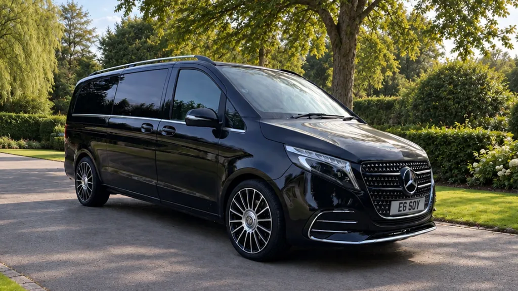 Black Mercedes V-Class Landjets luxury wedding vehicle parked in a green park setting