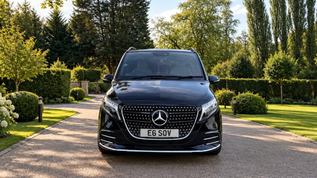 Front view of black Mercedes V-Class Landjets luxury wedding transport in a park