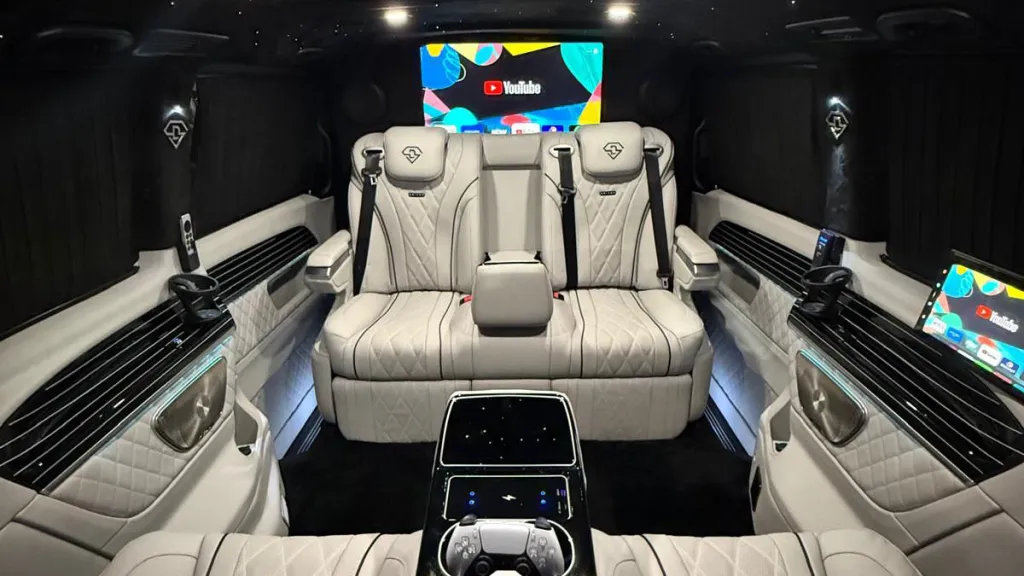 Luxury cream leather passenger interior inside black Mercedes V-Class Landjets
