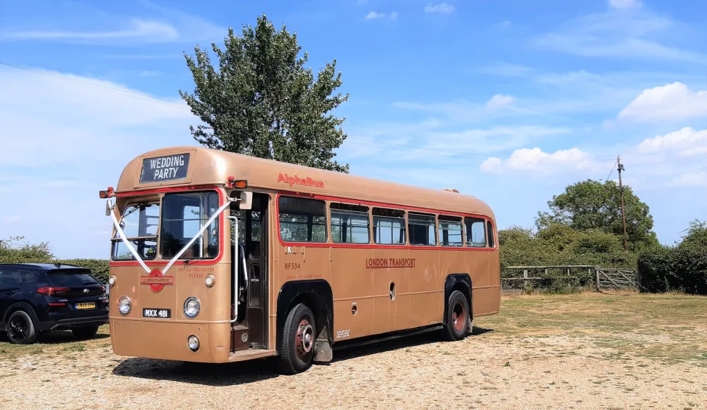 Gold Single Decker classic bus decorated with white ribbons in the parking of a wedding venue